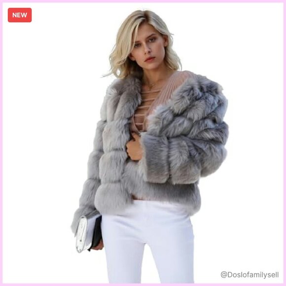 Faux Fur Cropped Puffer Jacket Winter Warm Fluffy Chic Minimal Elegant - Picture 2 of 6